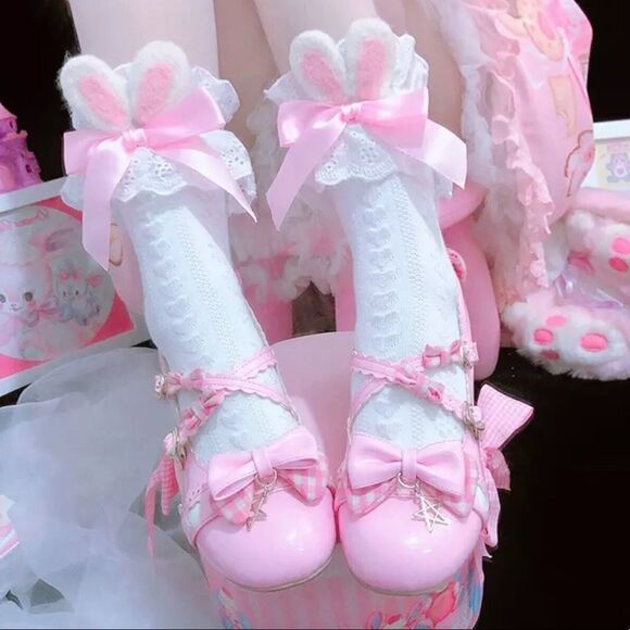 NEW! Furry Easter Bunny Ears Ruffled Bow Ankle Crew Socks - Picture 2 of 6